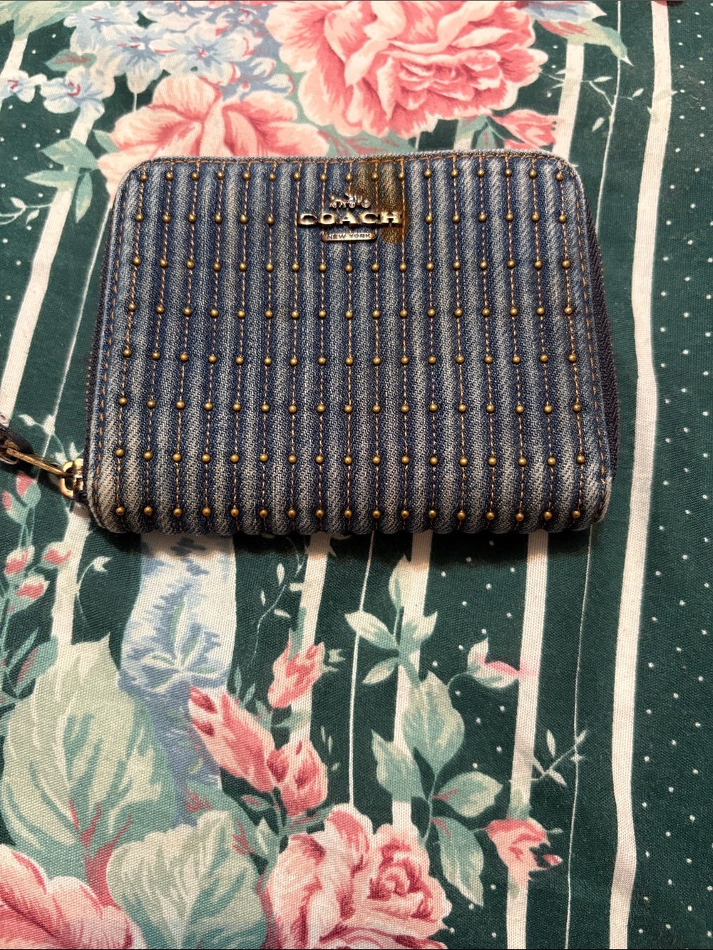 Coach Quilted Denim Zip Wallet with Gold Studs